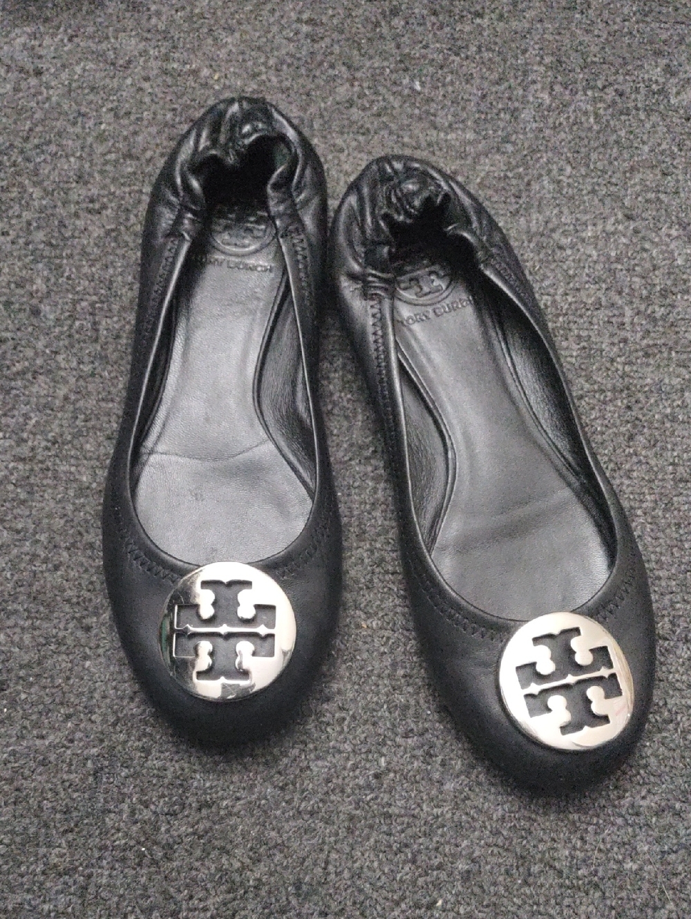 Tory Burch Black Leather Logo Ballet Flats